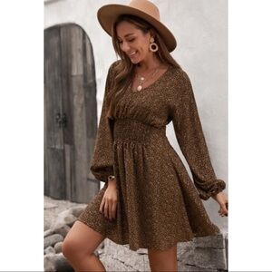 Boho Brown Floral Long Sleeves Dress